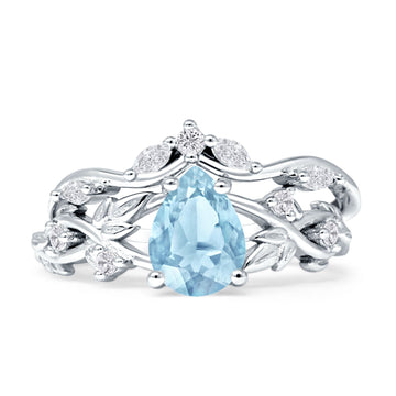 Two Piece Pear Teardrop Bridal Ring Aquamarine CZ 925 Sterling Silver Wholesale